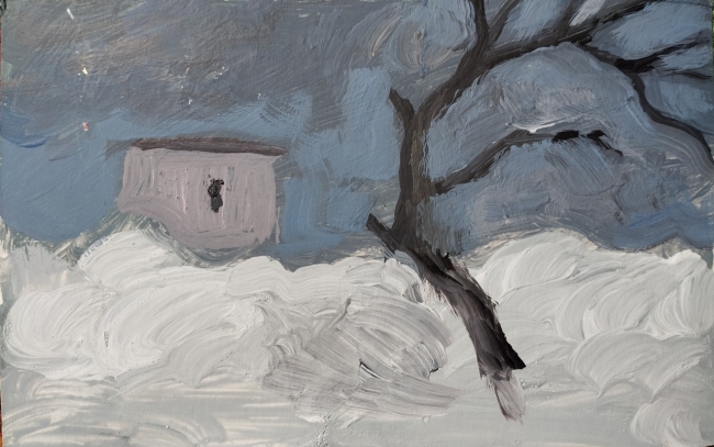 Дерево, дом, небо и снег